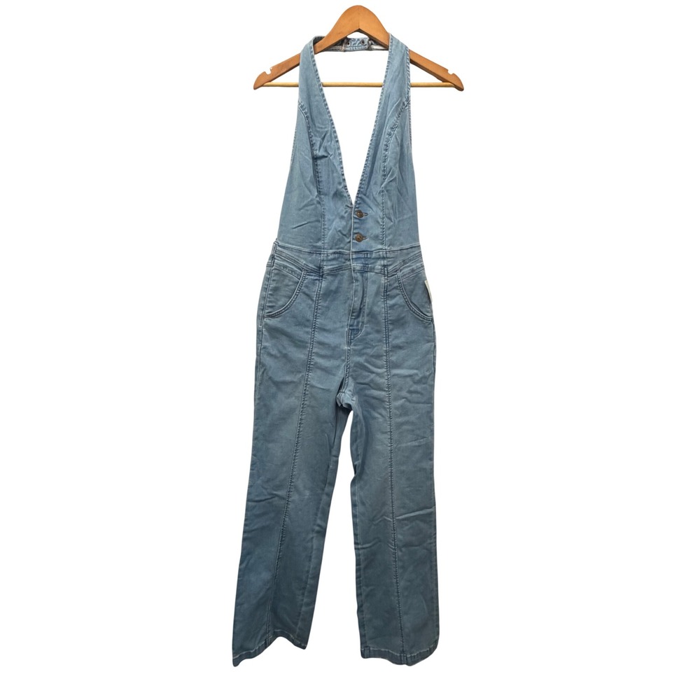 New Free People We The Free Cruz Denim Halter Jumpsuit Size 31 NWT Light Indigo